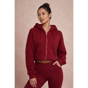 Popflex Cloud Zip Up Hoodie in Crimson Cropped Fleece XXS/XS Relaxed Fit